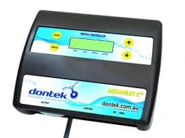 A digital Aquaheat Pool Pump Controller with a black plastic housing with a blue and white label.