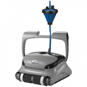 A large image of a grey battery powered Liberty Dolphin robotic pool cleaner.