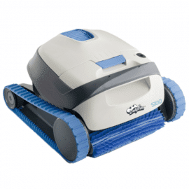 A Dolphin S100 automatic robotic pool cleaner, a compact scrubber with a blue brush system for scrubbing away debris.