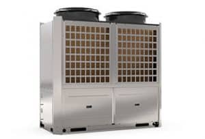 An industrial silver Evo Cs-I Series Heat Pump, with two cylindrical fans on the top for heating.